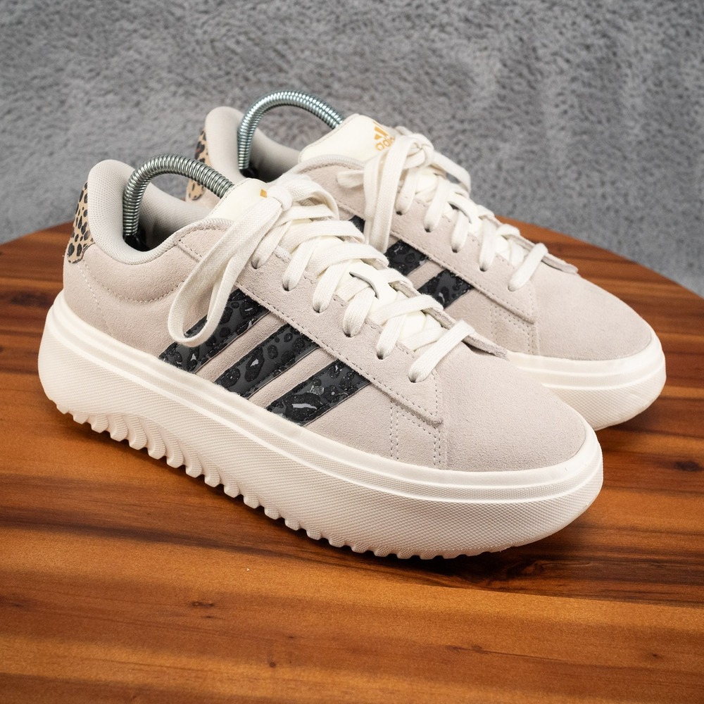 Adidas Women's Sneakers Size 8 White Grand Court Platform Leopard Suede IE3620